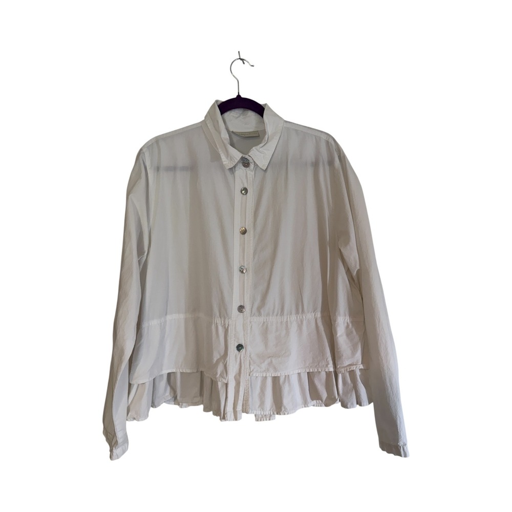 Eleven Stitch Design Shirt White L Ruffle Hem Button Up Tencel Cotton Lagenlook